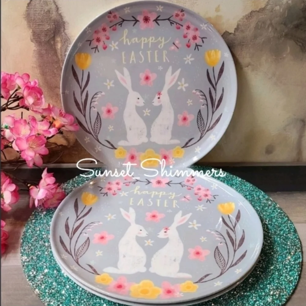 x6 Happy Easter Cherry Blossom Bunny Rabbit Couple Melamine Dinner Plate Set New